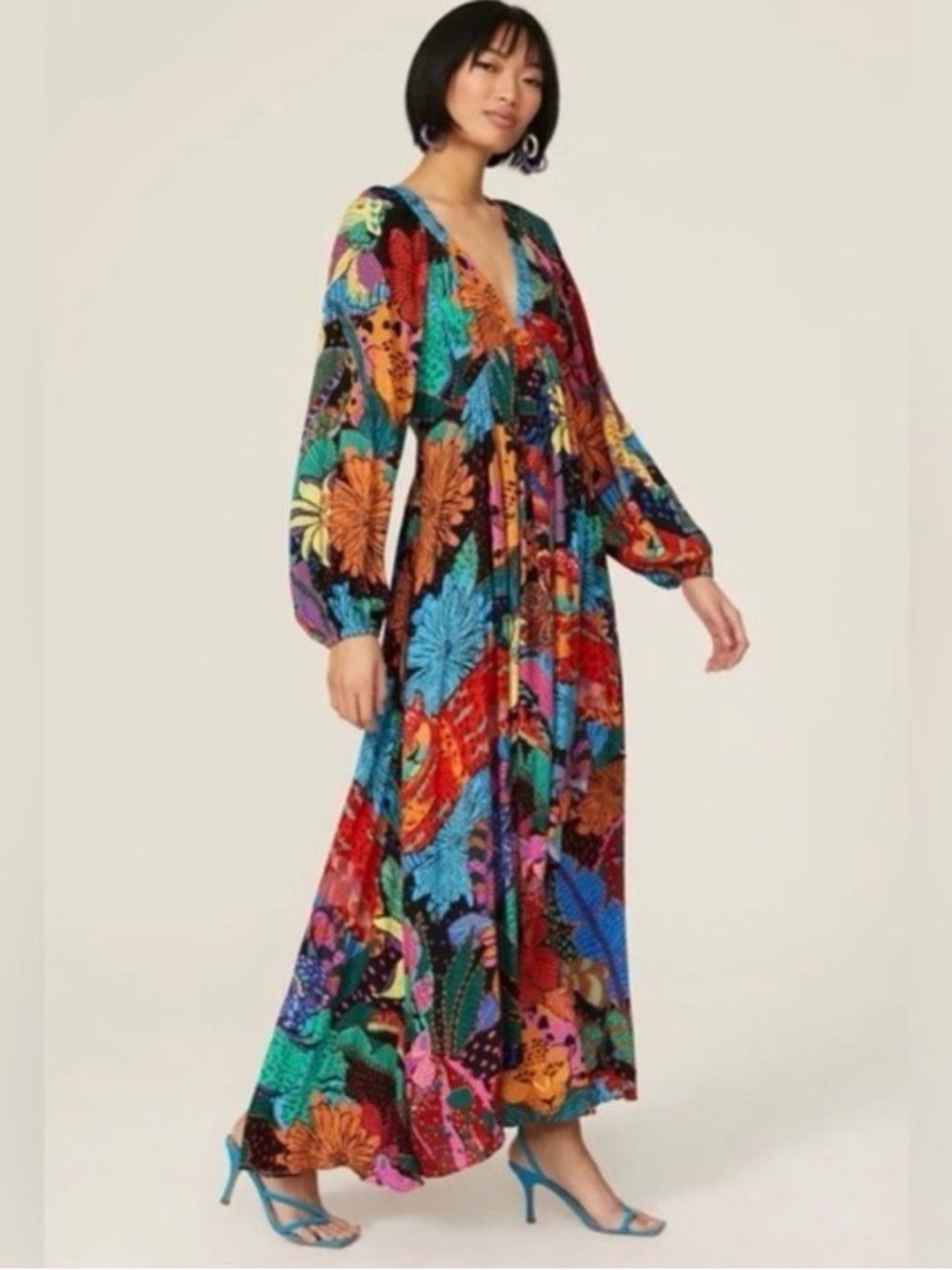 Farm Rio Floral Multicolor long sleeve Maxi Dress size Small